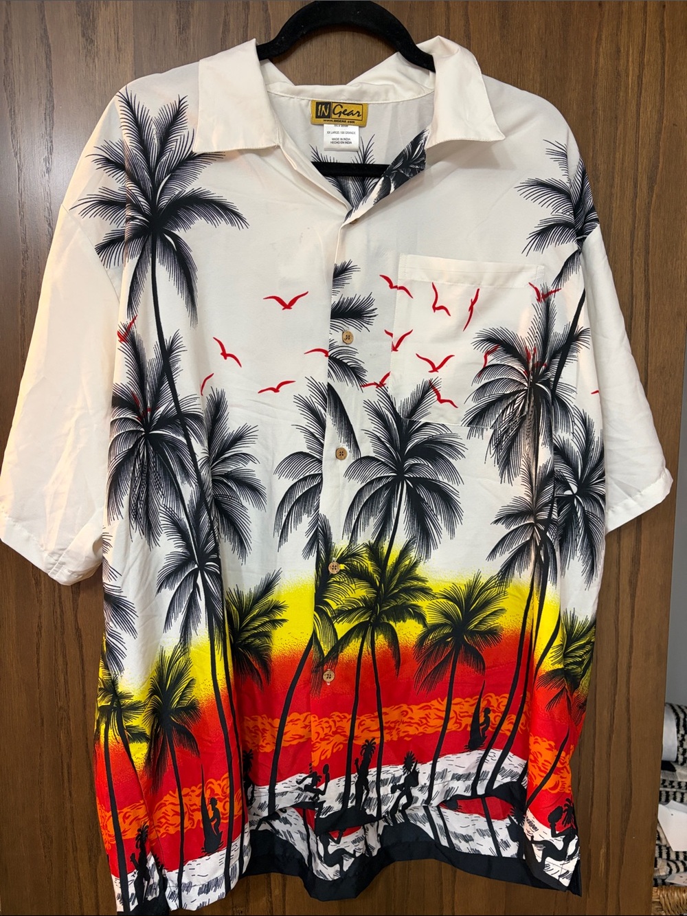 Ingear White Button-Up Shirt with Black Palm Print and Red & Yellow Accents